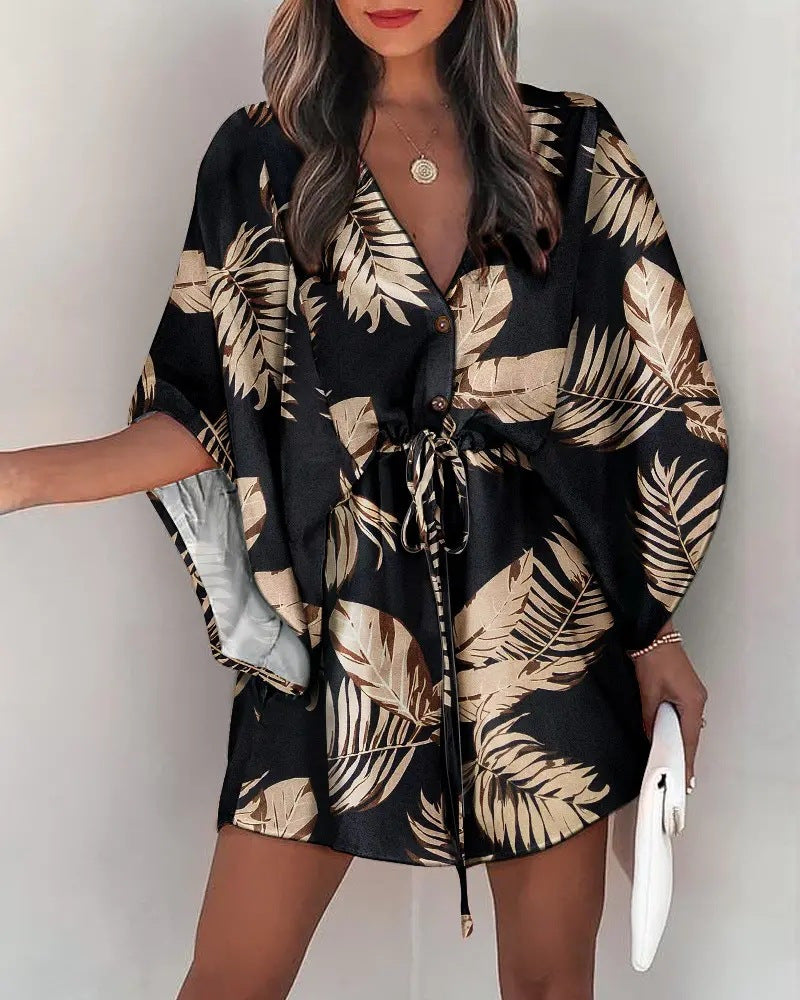 Women's Casual Dress – V-neck – Lace-up Waist – Ruffled Sleeves – Flowy Cut