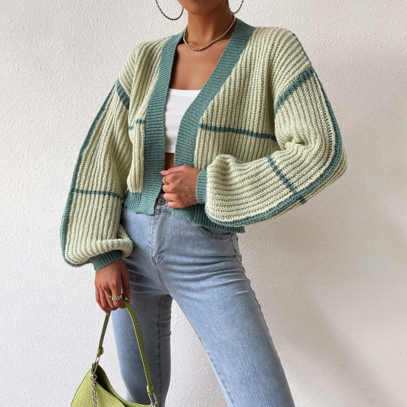 Gilet Femme – Maille Douce – Coupe Courte – Manches Bouffantes – Décolleté V