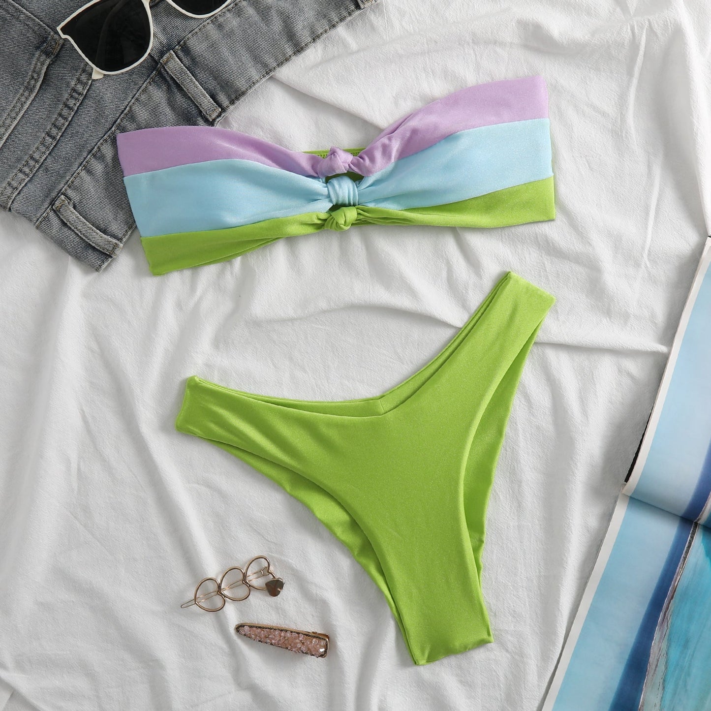 Bikini bandeau femme – Nœud décoratif – Coupe échancrée