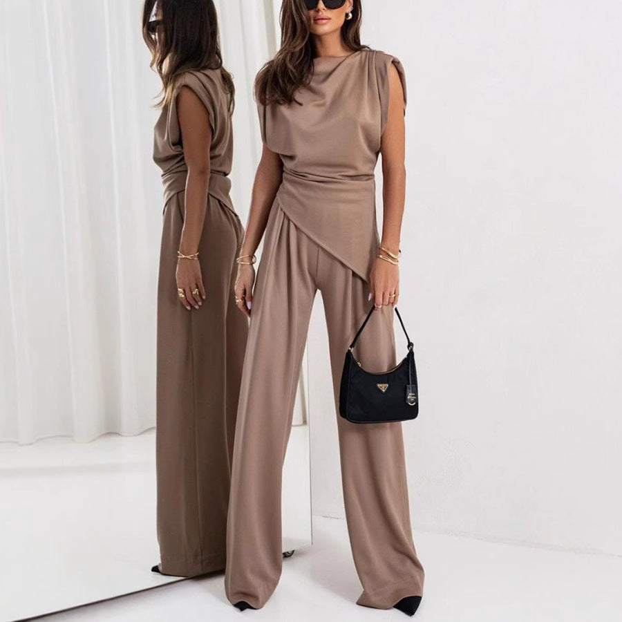 Ensemble Femme – Haut Asymétrique Drapé – Pantalon Taille Haute Jambe Large