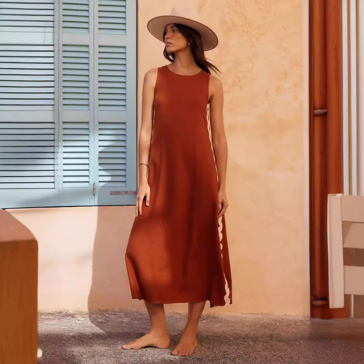 Robe sans manches femme – Coupe fluide – Longueur midi – Tissu respirant – Col rond