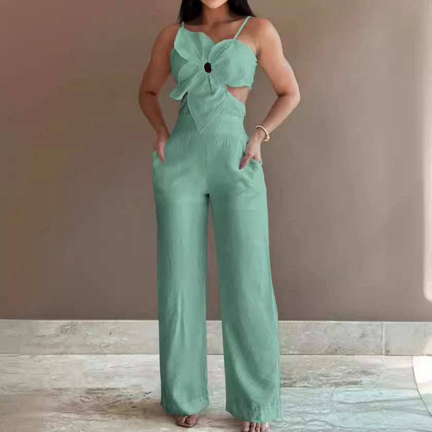 Women's Jumpsuit – Backless – Wide Legs – Thin Straps – Bow – Breathable Fabric