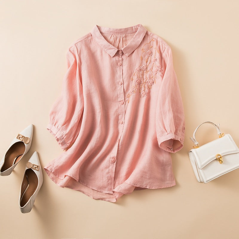 Chemise femme – Fibres naturelles – Coupe décontractée – Manches mi-longues – Broderie florale