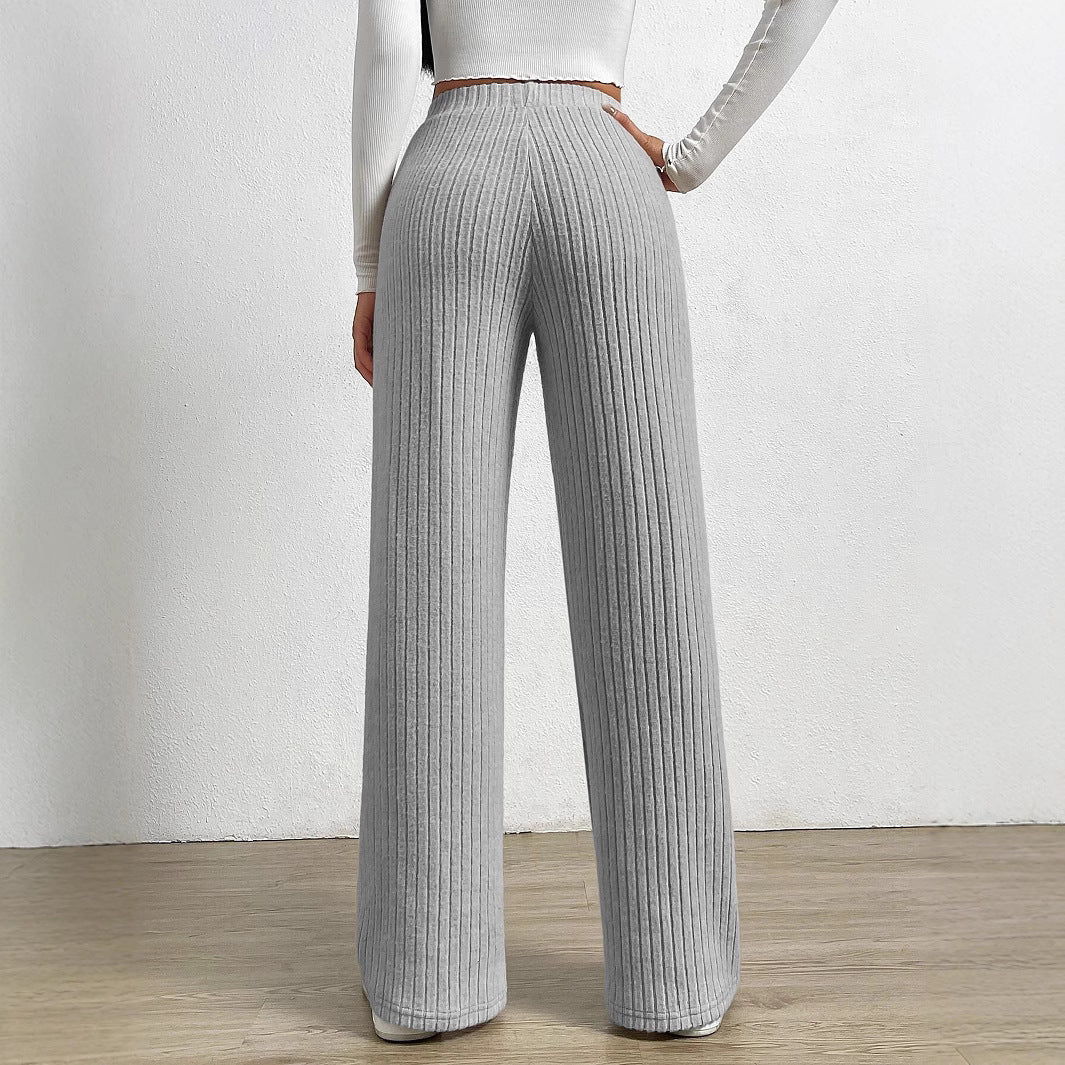 Wide women's pants – High waist – Ribbed knit – Loose fit – Full length