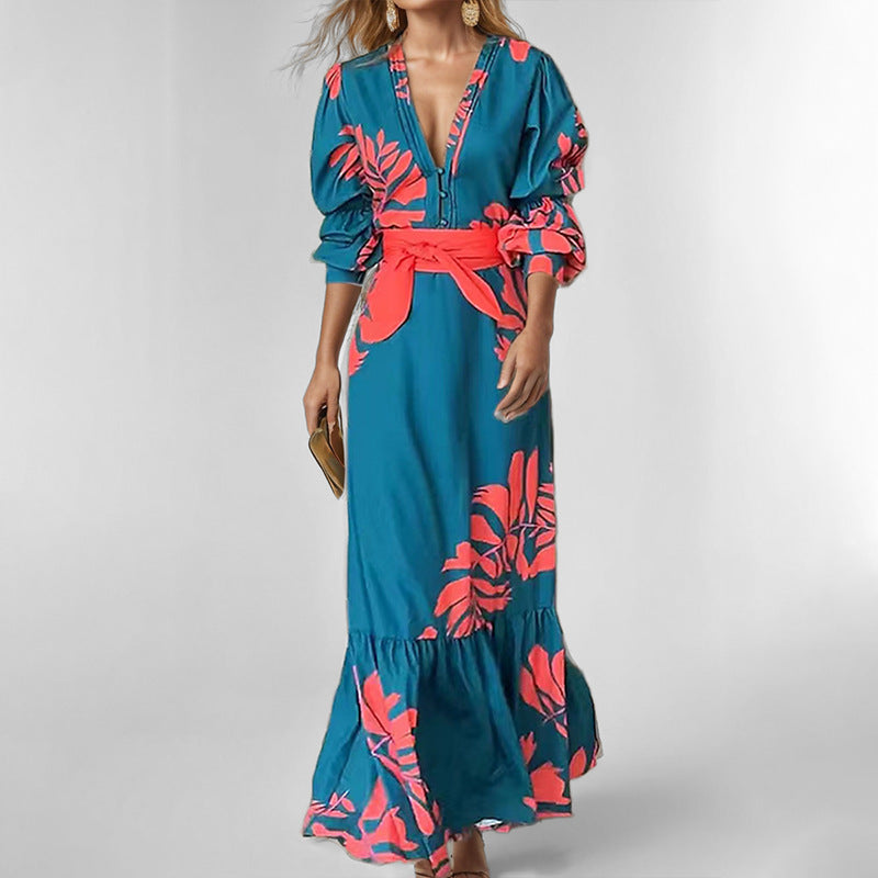 Robe longue femme – Tissu fluide – Manches bouffantes – Ceinture – Décolleté en V