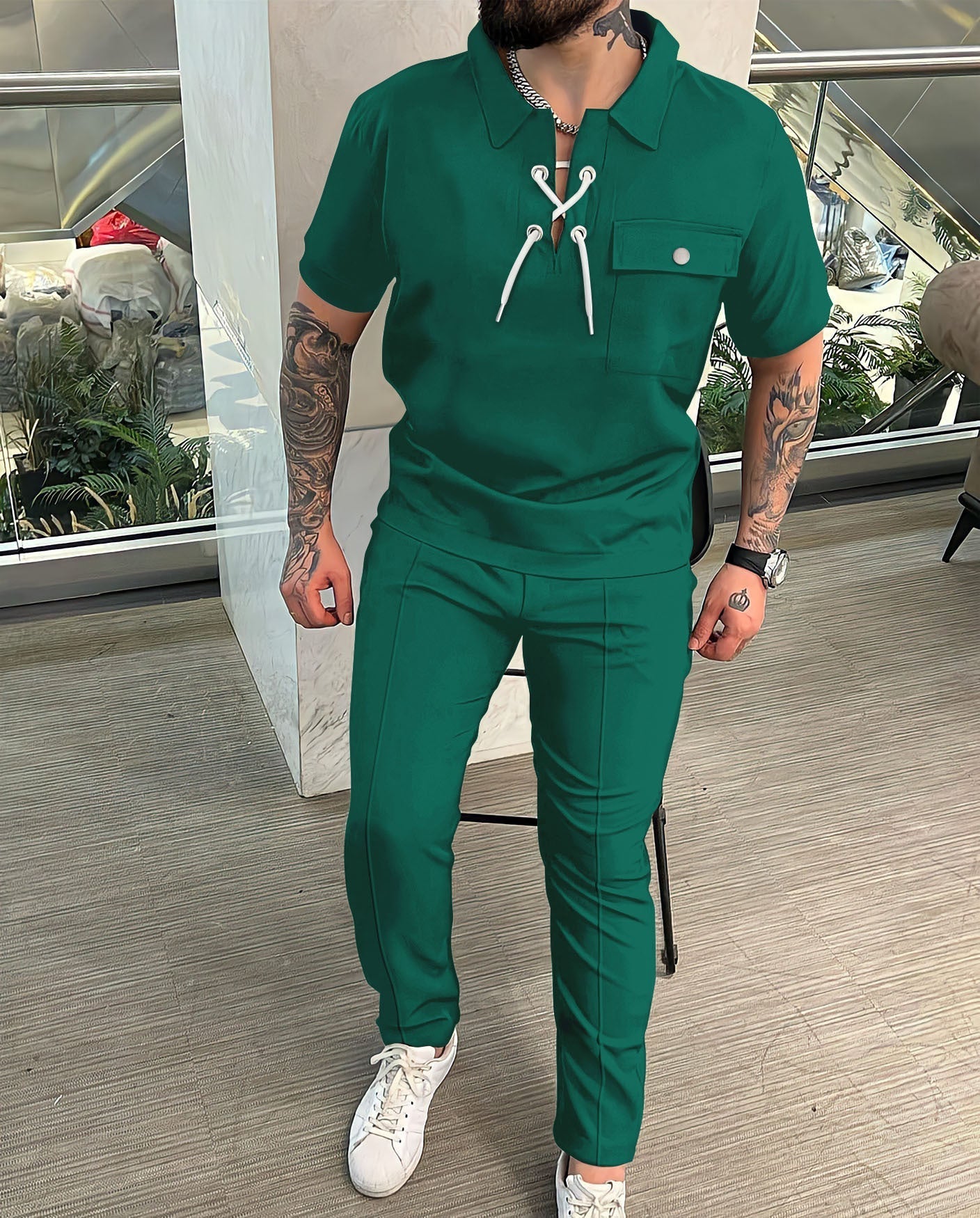 Men's two-piece set – Top with lace-up collar – Matching pants – Slim fit – Breathable fabric