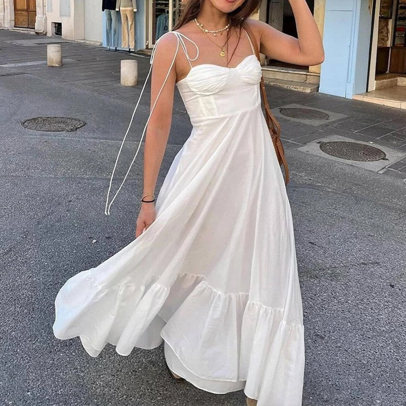 Women's long dress – Breathable fabric – Thin straps – Ruffled hem – Flowing fit