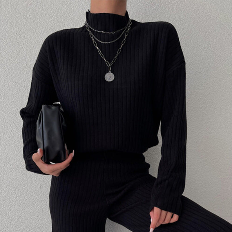 Ensemble Femme – Maille Côtelée – Coupe Ample – Col Montant – Pantalon Large