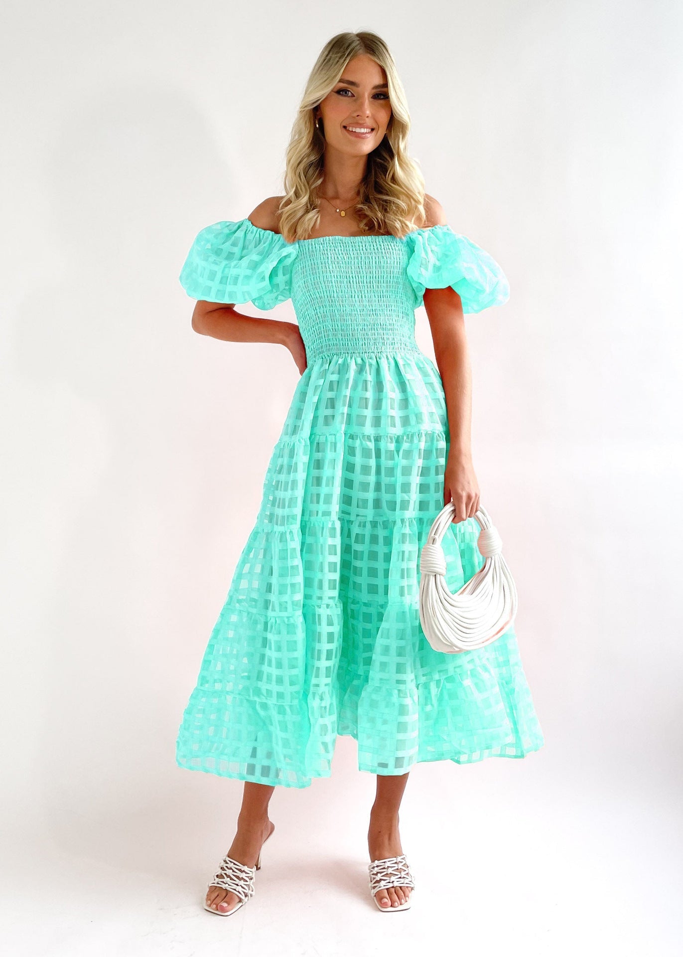 Women's long dress – Off-the-shoulder – Puff sleeves – Smocked waist – Breathable fabric