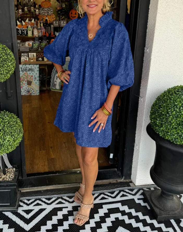 Robe courte femme – Coupe évasée fluide – Broderie bohème – Manches ballon