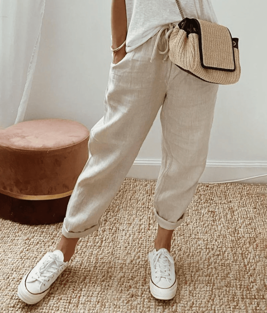 Women's pants – Relaxed fit – Natural fibers – Abstract print – Drawstring waist