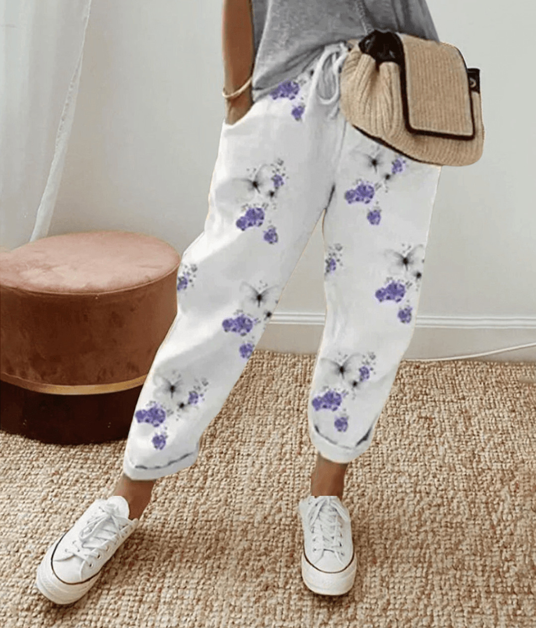 Women's pants – Relaxed fit – Natural fibers – Abstract print – Drawstring waist