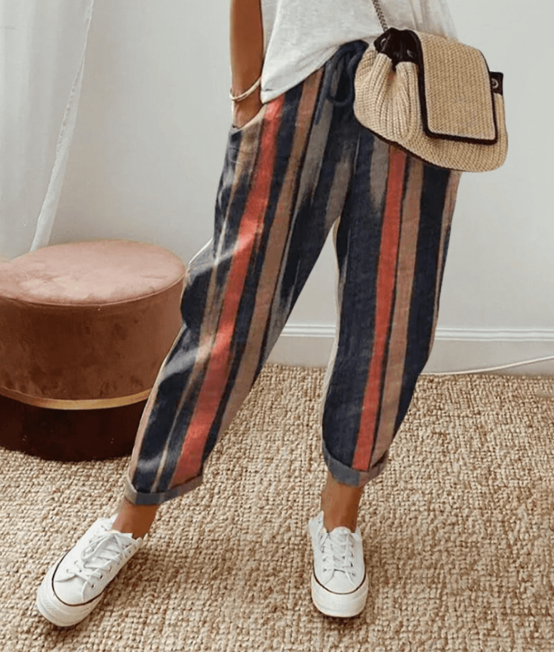 Women's pants – Relaxed fit – Natural fibers – Abstract print – Drawstring waist