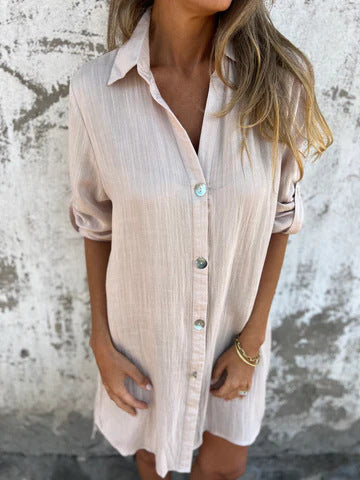 Women's Shirt Dress – Relaxed Fit – Front Buttoning – Breathable Fabric – Rolled Sleeves