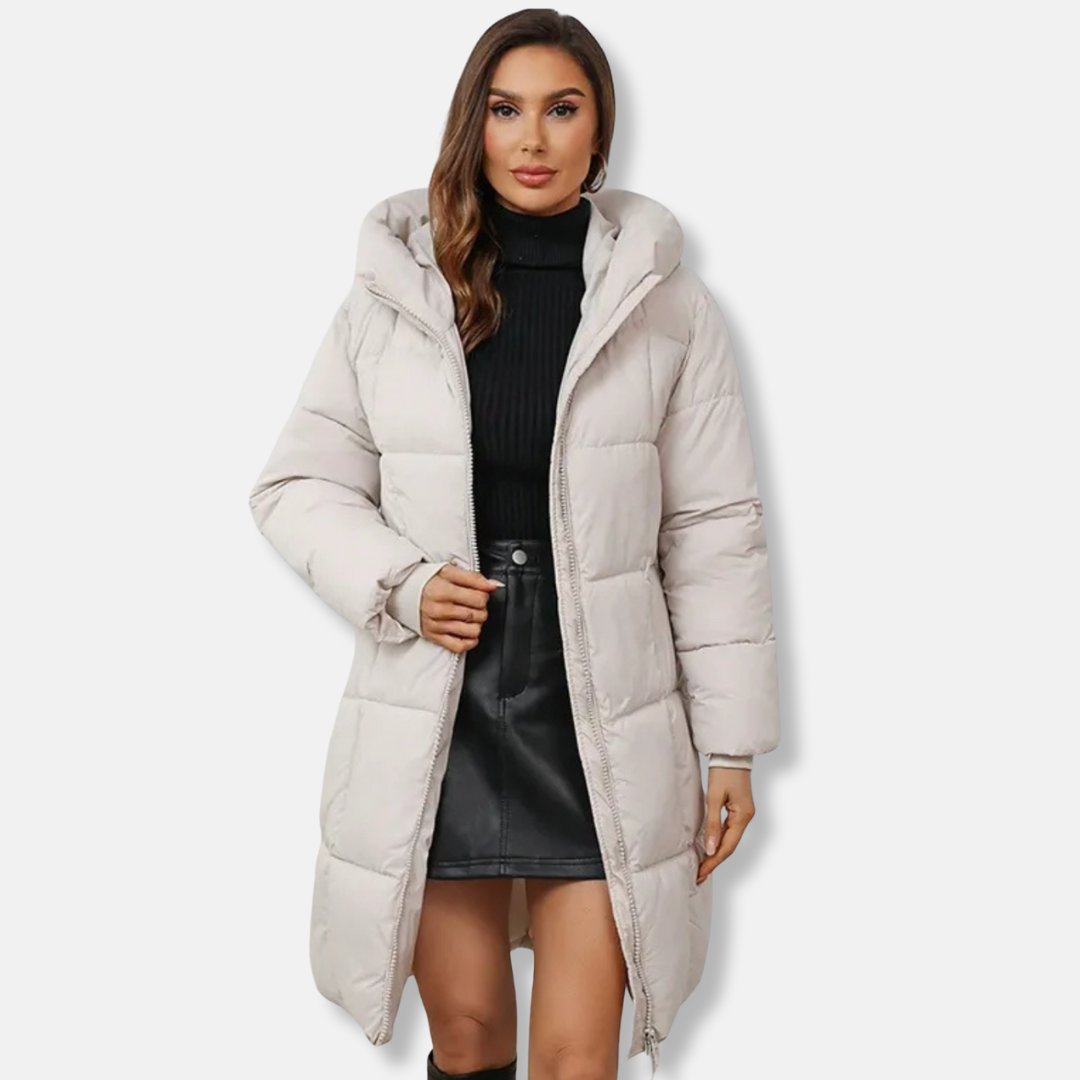 Women's Quilted Coat - Woven Fabric - Relaxed Fit - Knee Length - Hood High Collar