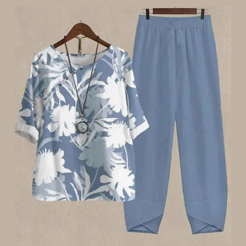 Women's Two-Piece Set – Loose Fit – Breathable Fabric – Short-Sleeve Top & Wide-Leg Pants