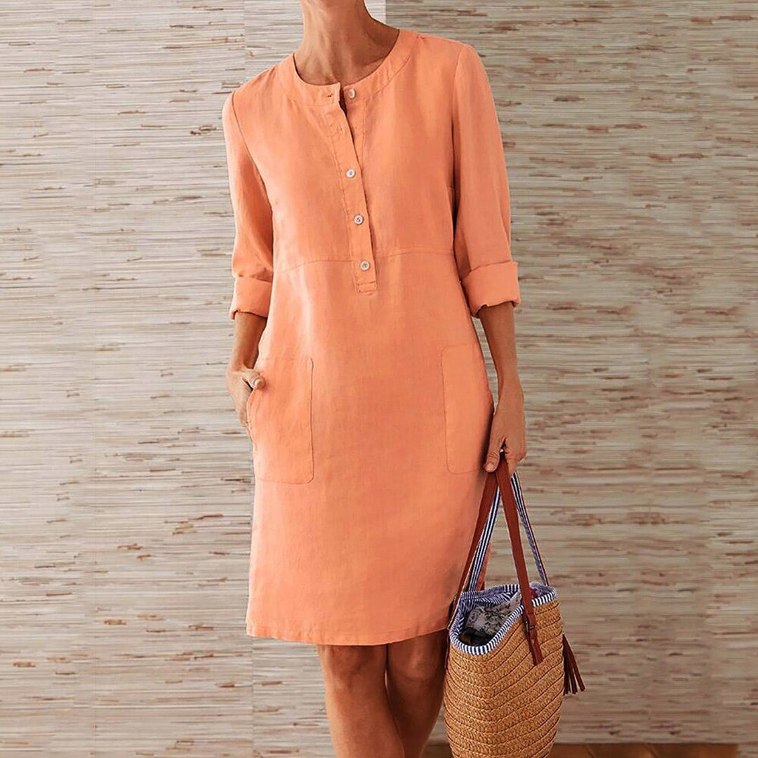 Robe femme – Coupe décontractée – Linnen – Manches 3/4 – Boutonnée – Poches