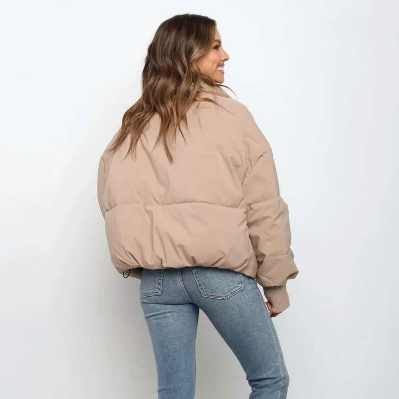 Women's Puffer Jacket - Synthetic Fabric - Oversized Cut - Stand Collar