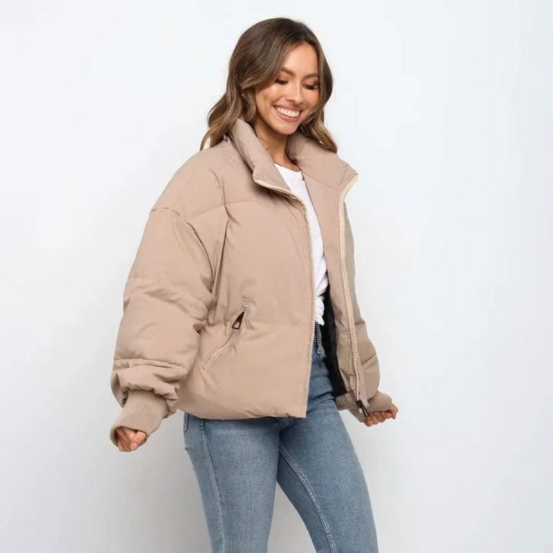 Women's Puffer Jacket - Synthetic Fabric - Oversized Cut - Stand Collar