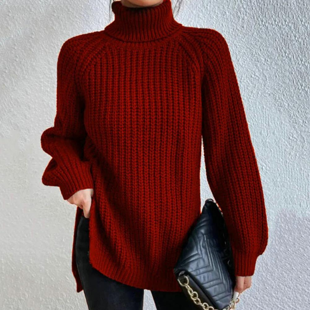 Pull femme à col roulé – Maille côtelée – Coupe ample – Manches longues confortables