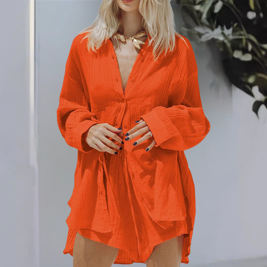 Women's Set – Long Oversized Shirt with Long Sleeves – Elastic Waist Shorts