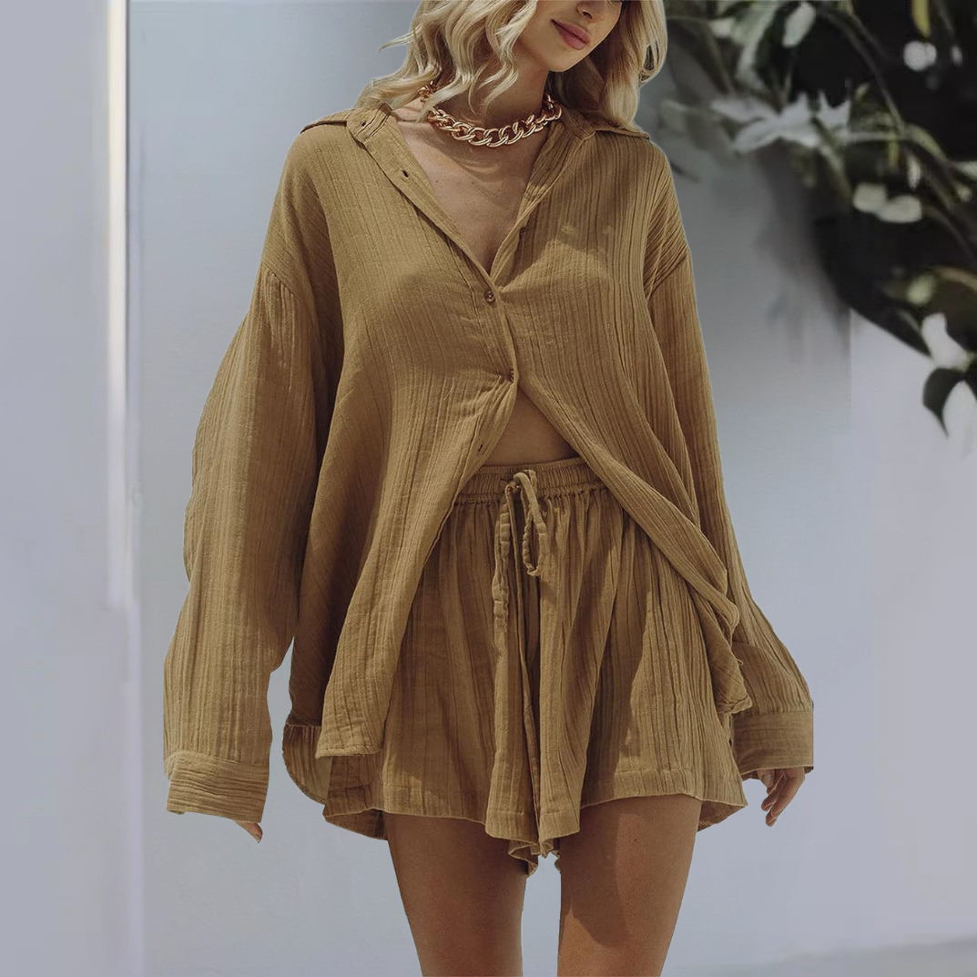 Women's Set – Long Oversized Shirt with Long Sleeves – Elastic Waist Shorts