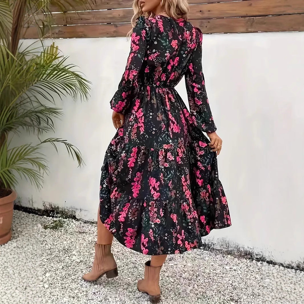 Women's midi dress – Long sleeves – Floral print – Flowing cut – Breathable fabric
