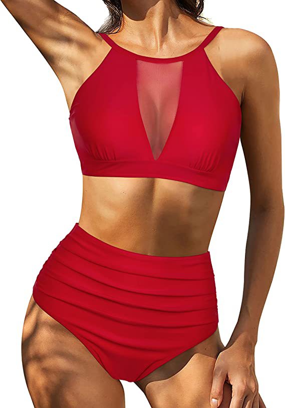 Women's bikini – High-waisted – Structured lace-up top – Openwork details – Breathable fabric