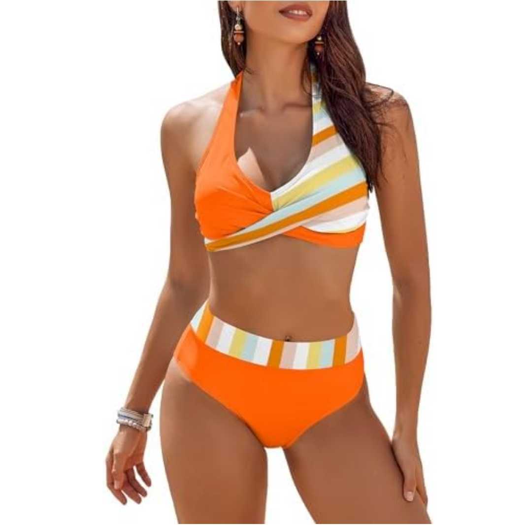 Women's bikini – Push-up top to tie at the neck – High waist – Breathable stretch fabric