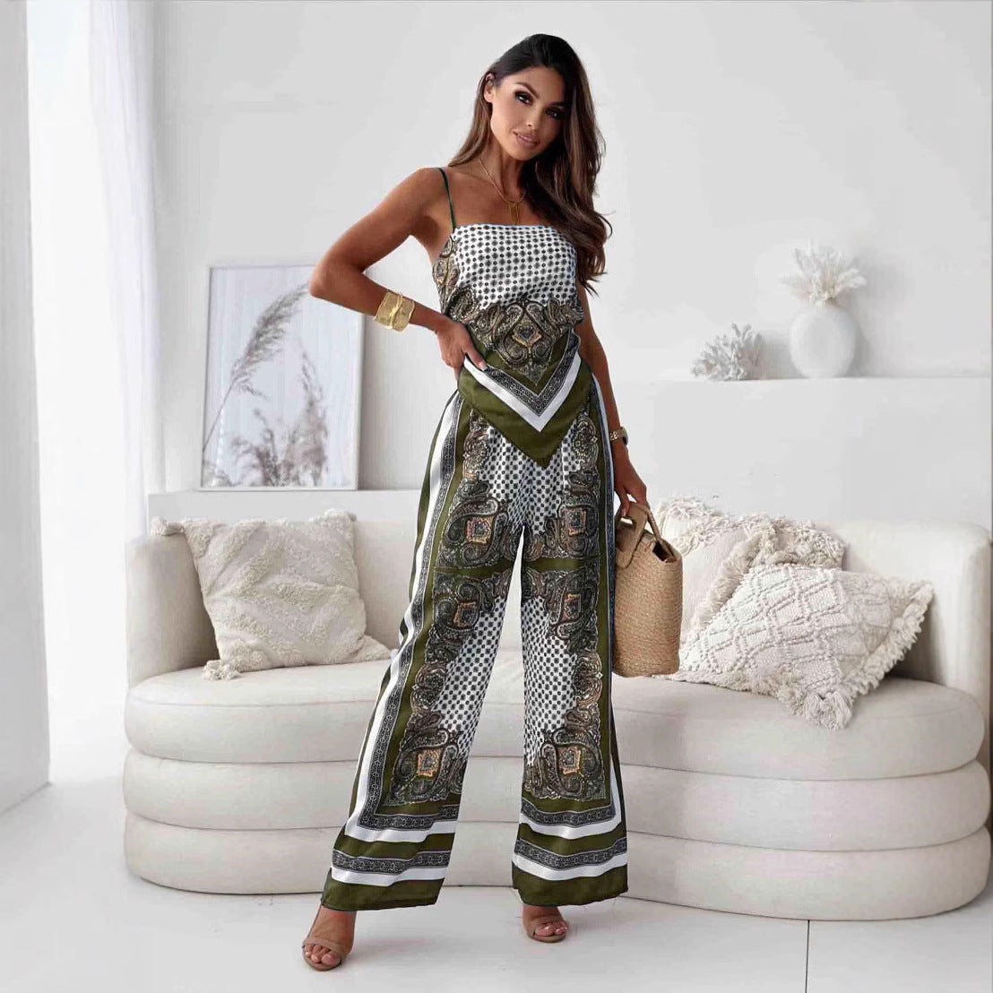 Women's Two-Piece Set – Luxury Fabric – Loose Fit – Fine Straps – Wide Pants