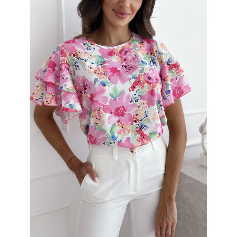 Women's blouse – Relaxed fit – Ruffled sleeves – Breathable fabric – Floral print