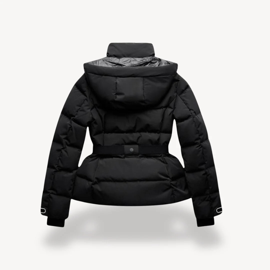 Women's Puffer Jacket - Fitted Cut - Stand Collar - Hip Length - Hooded