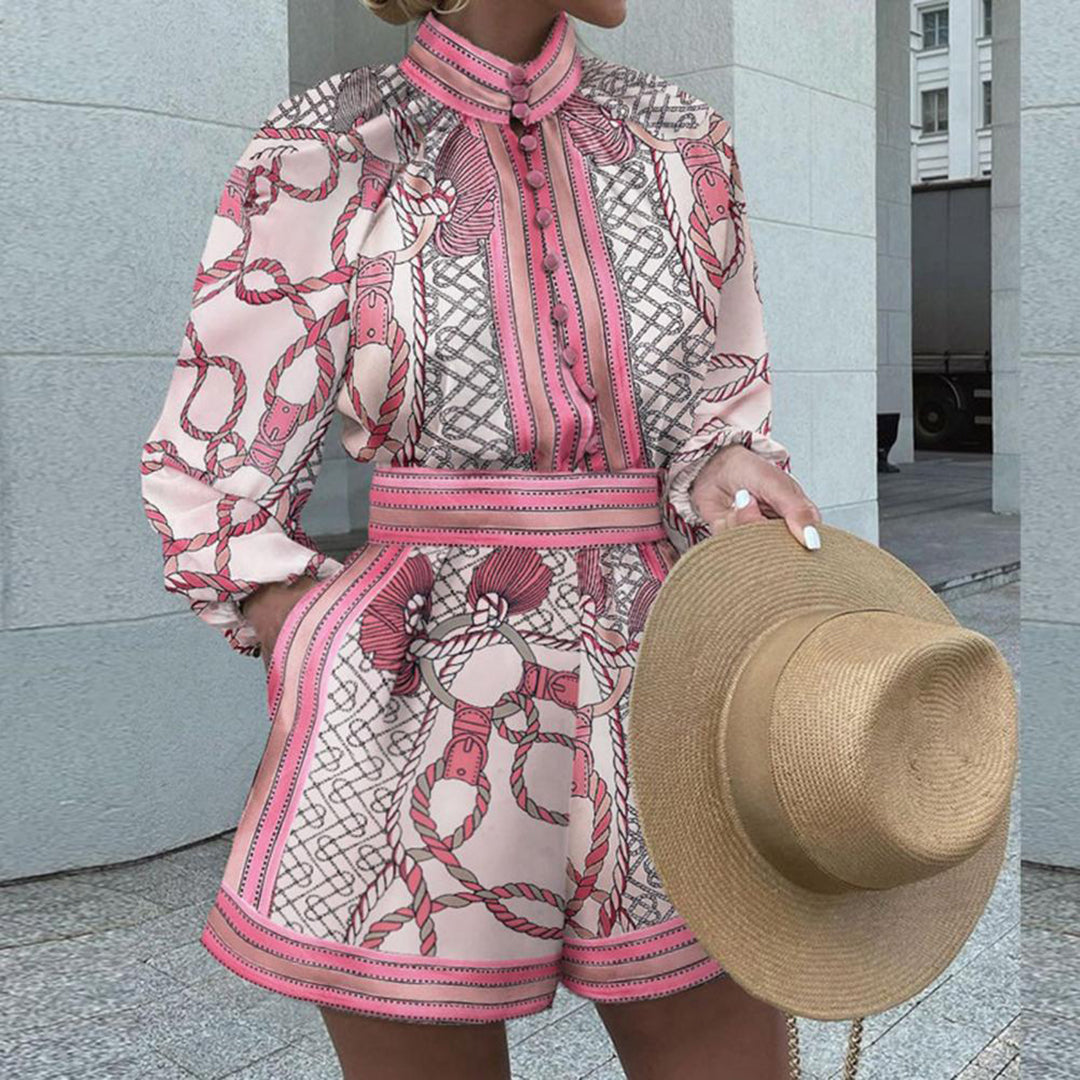Women's two-piece set – Fitted cut – Luxury Fluid Fabric – Puff sleeves – High collar – Matching shorts