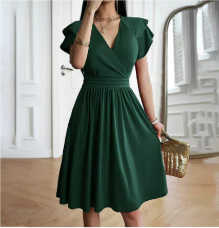 Women's midi dress – Wrap cut – Ruffled sleeves – Breathable flowing fabric