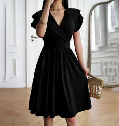 Women's midi dress – Wrap cut – Ruffled sleeves – Breathable flowing fabric