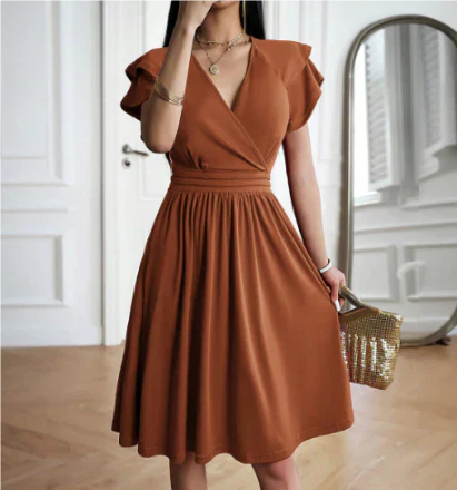 Women's midi dress – Wrap cut – Ruffled sleeves – Breathable flowing fabric