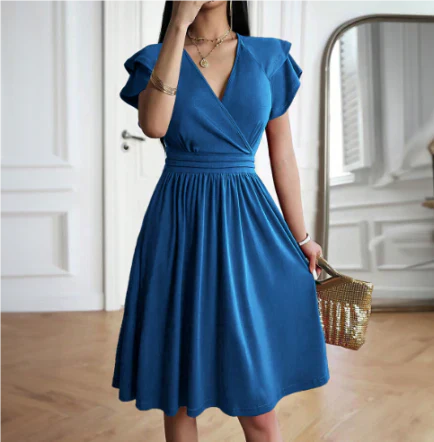 Women's midi dress – Wrap cut – Ruffled sleeves – Breathable flowing fabric