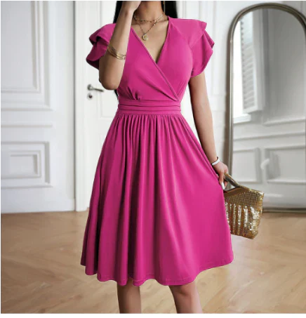 Women's midi dress – Wrap cut – Ruffled sleeves – Breathable flowing fabric