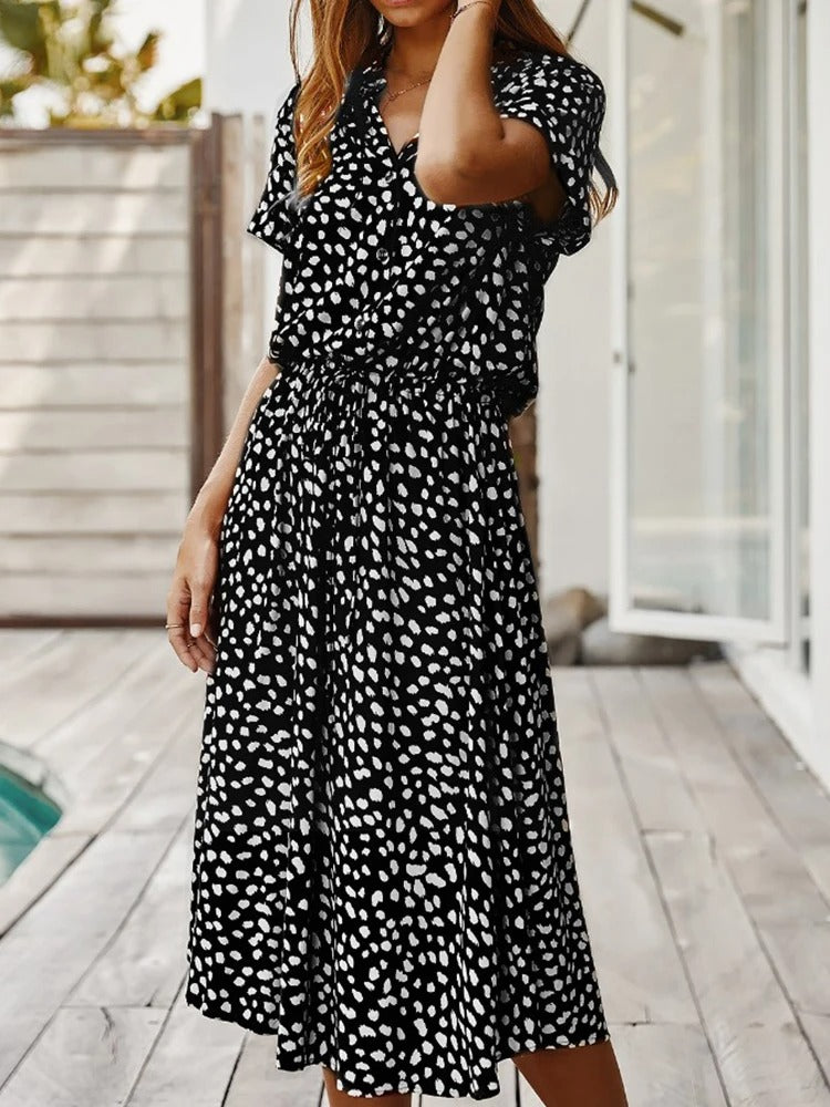 Women's midi dress – Relaxed fit – Breathable fabric – Short sleeves – Buttoned