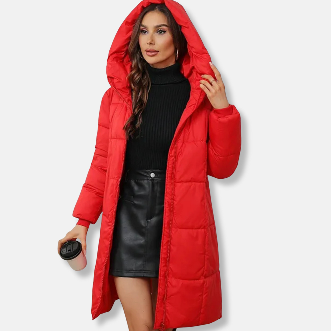 Women's Quilted Coat - Woven Fabric - Relaxed Fit - Knee Length - Hood High Collar