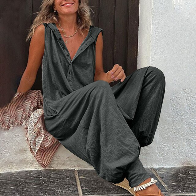 Women's Jumpsuit – Relaxed Fit – Sleeveless – Wide Legs – Breathable Fabric