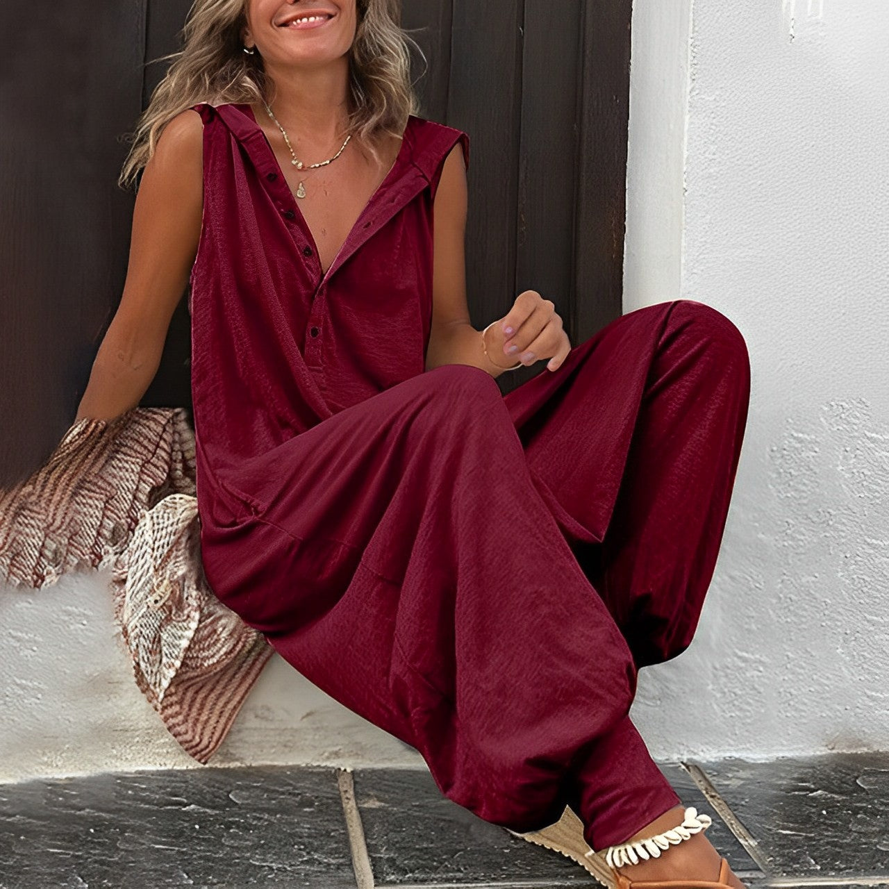Women's Jumpsuit – Relaxed Fit – Sleeveless – Wide Legs – Breathable Fabric