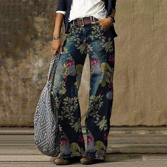 Wide Women's Pants – High-Waisted – Floral Print – Breathable Fluid Fabric