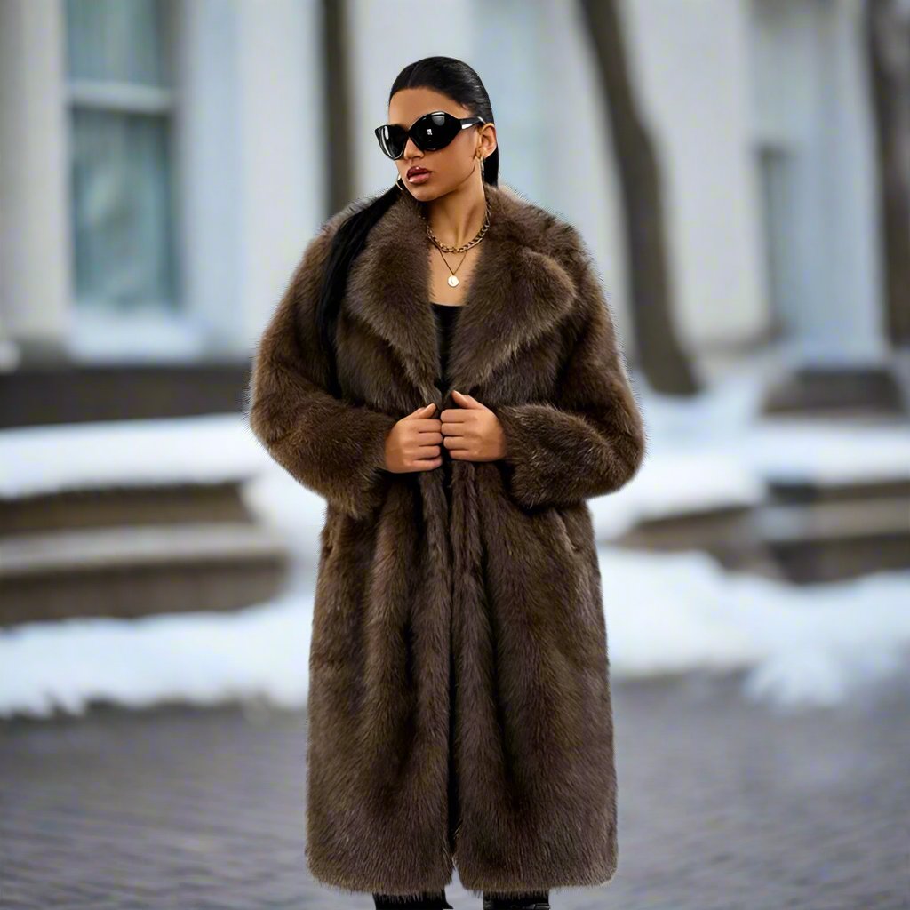 Women's Coat - Synthetic Fur - Relaxed Fit - Shawl Collar - Mid-Calf Length