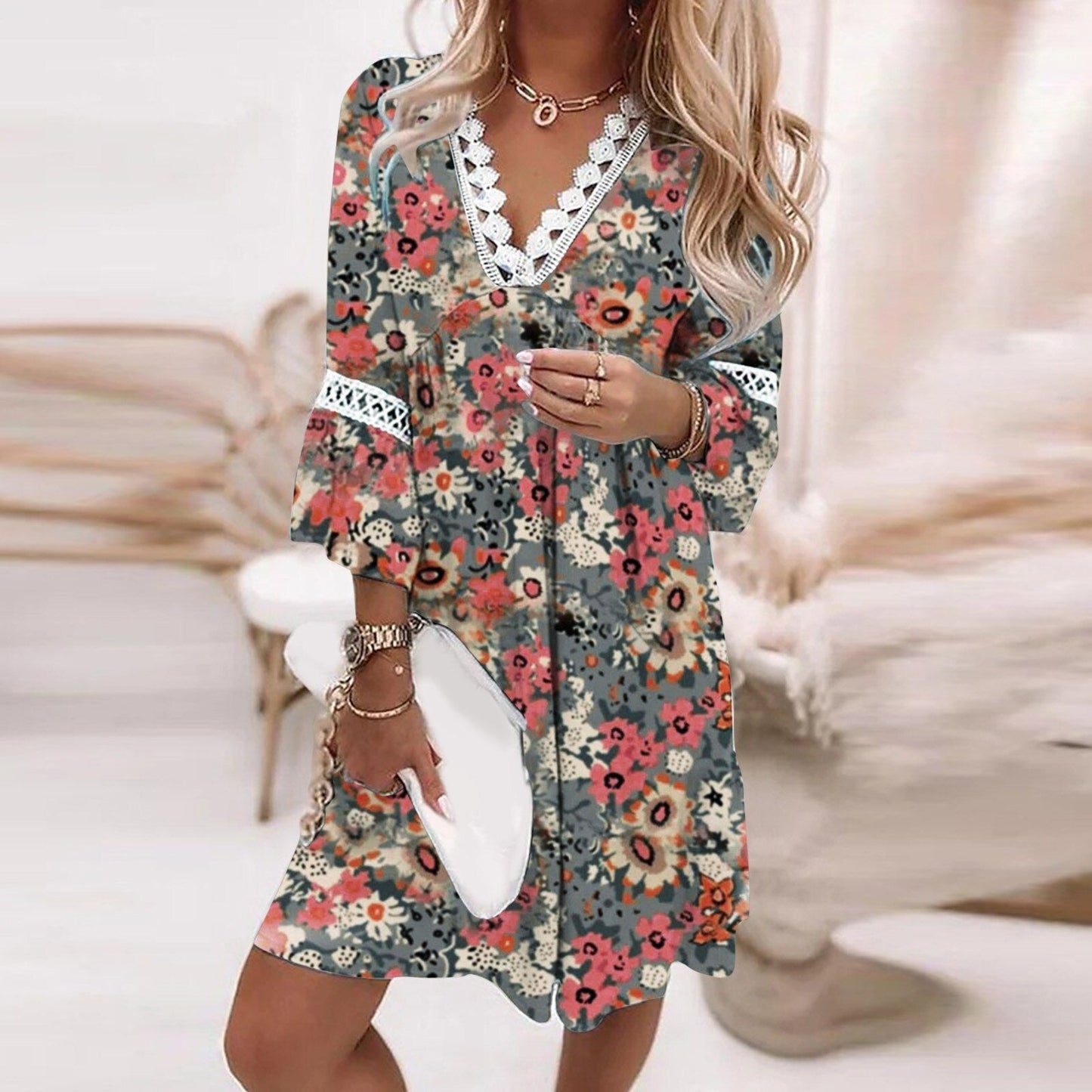 Women's dress – Relaxed fit – V-neck lace – Floral print – Breathable fabric