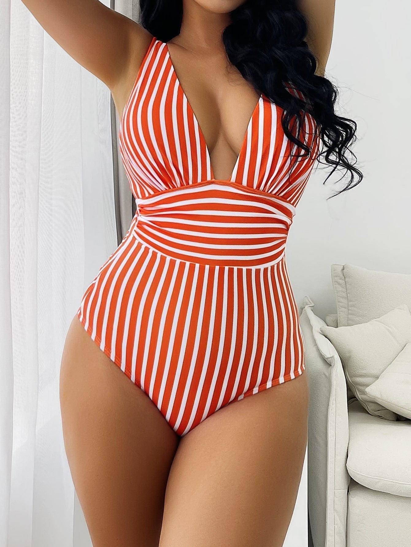Women's one-piece swimsuit – Plunging neckline – Stripes – Elegant stretch fabric