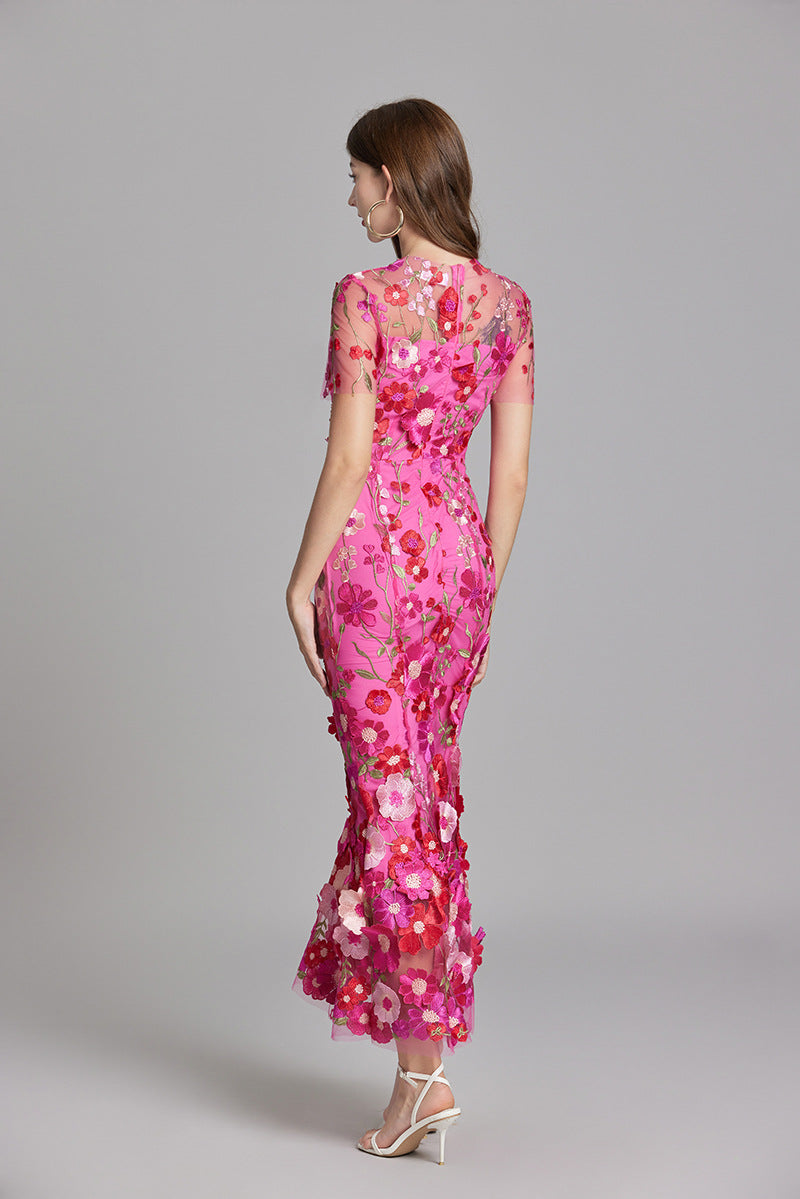 Women's long dress – Embroidered tulle – Fitted cut – Sheer high collar – Short sleeves