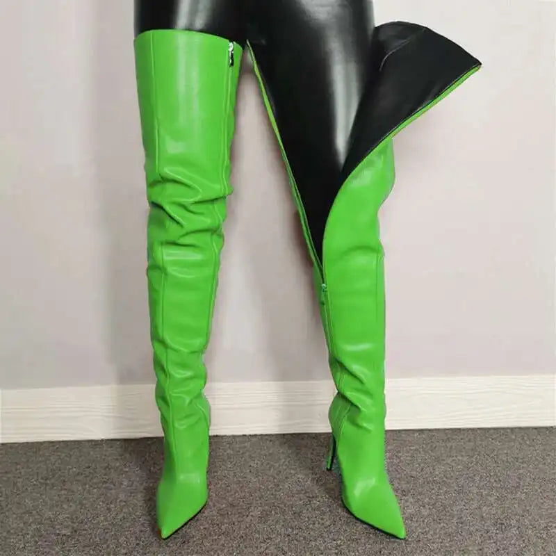 Bottes femme cuissardes – Talon haut – Bout pointu – Similicuir brillant – Fermeture zippée