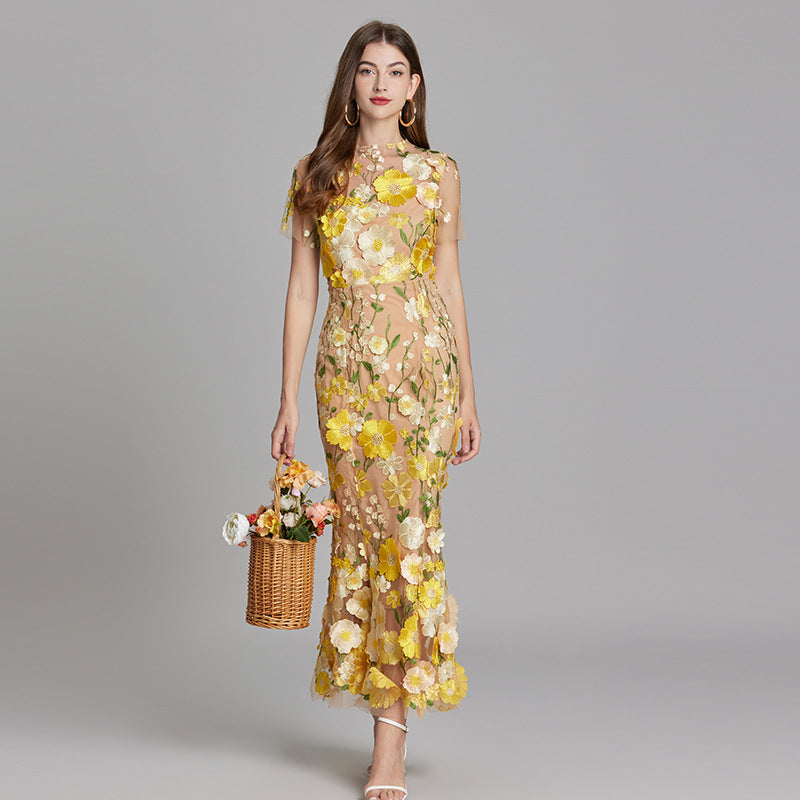 Women's long dress – Embroidered tulle – Fitted cut – Sheer high collar – Short sleeves