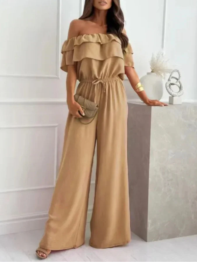 Women's Jumpsuit – Off-The-Shoulder – Wide Legs – Ruffles – Breathable Fabric